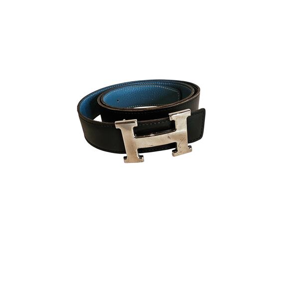 Hermès H-belt reversible black and blue jean Togo box calf leather strap - Picture 1 of 12